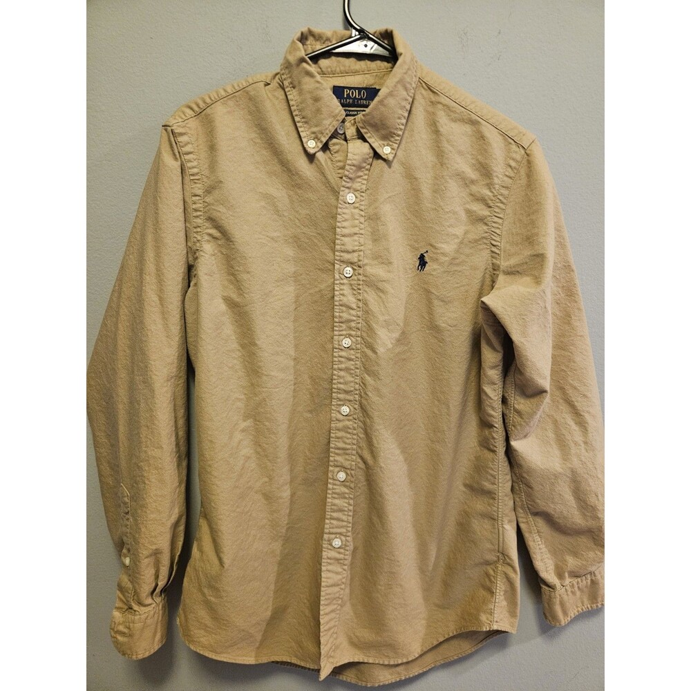 Polo Ralph Lauren Mens Small Classic Fit Oxford Shirt Tan Khaki Long Sleeve Pony